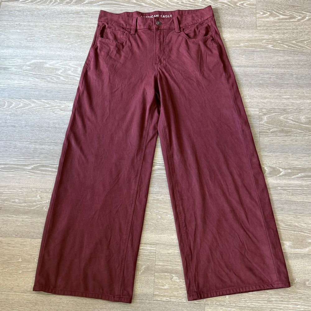 American Eagle‎ High Rise Baggy Wide Leg Suede Pants Burgundy Flared Sz 8 Office